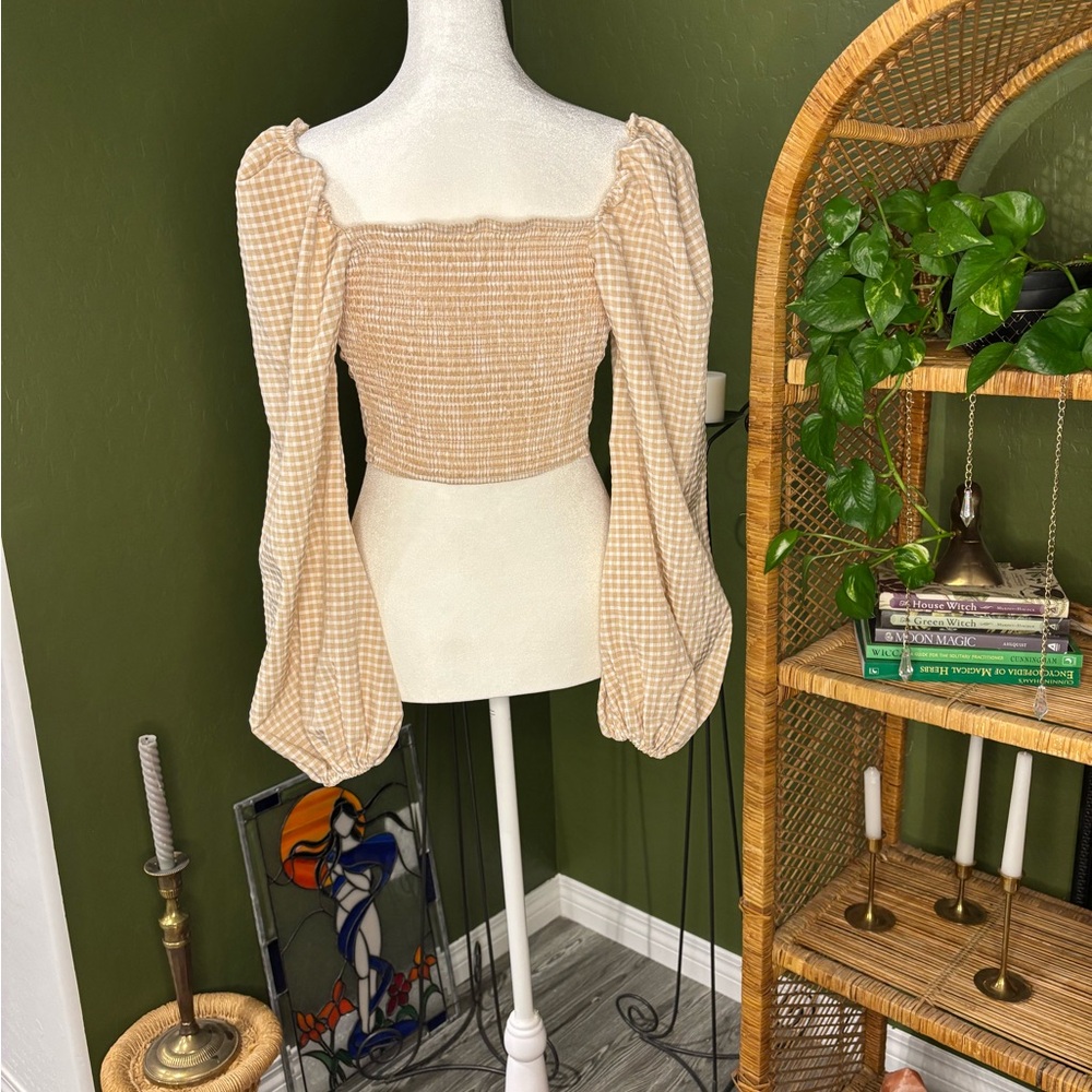 Peachy Frilly Tie Front Puff Sleeve Picnic Gingham Plaid Crop Babydoll Top - Picture 3 of 4